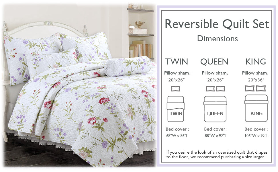 Lucie Light Pink Lavender Floral 3-Piece Reversible Quilt Bedding Set