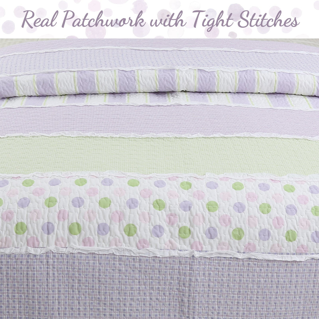 Lilac Purple Green Stripe Polka Dot Checker White Ruffle Real Patchwork Cotton Reversible Quilt Bedding Set