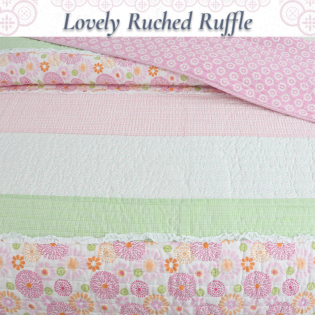 Pink Floral Fun Whimsy Gingham Stripe Cotton Quilt Bedding Set