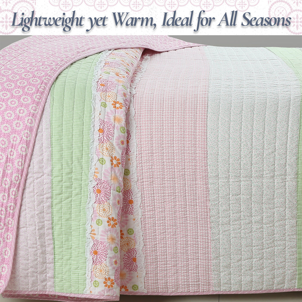 Pink Floral Fun Whimsy Gingham Stripe Cotton Quilt Bedding Set