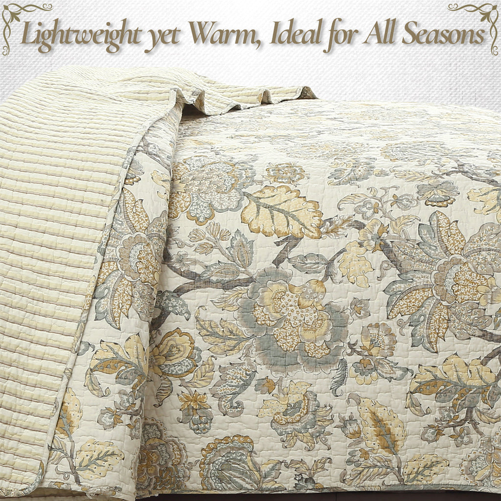 Autumn Floral Foliage Brown Beige Gold Cotton 3 Piece Quilt Bedding Set