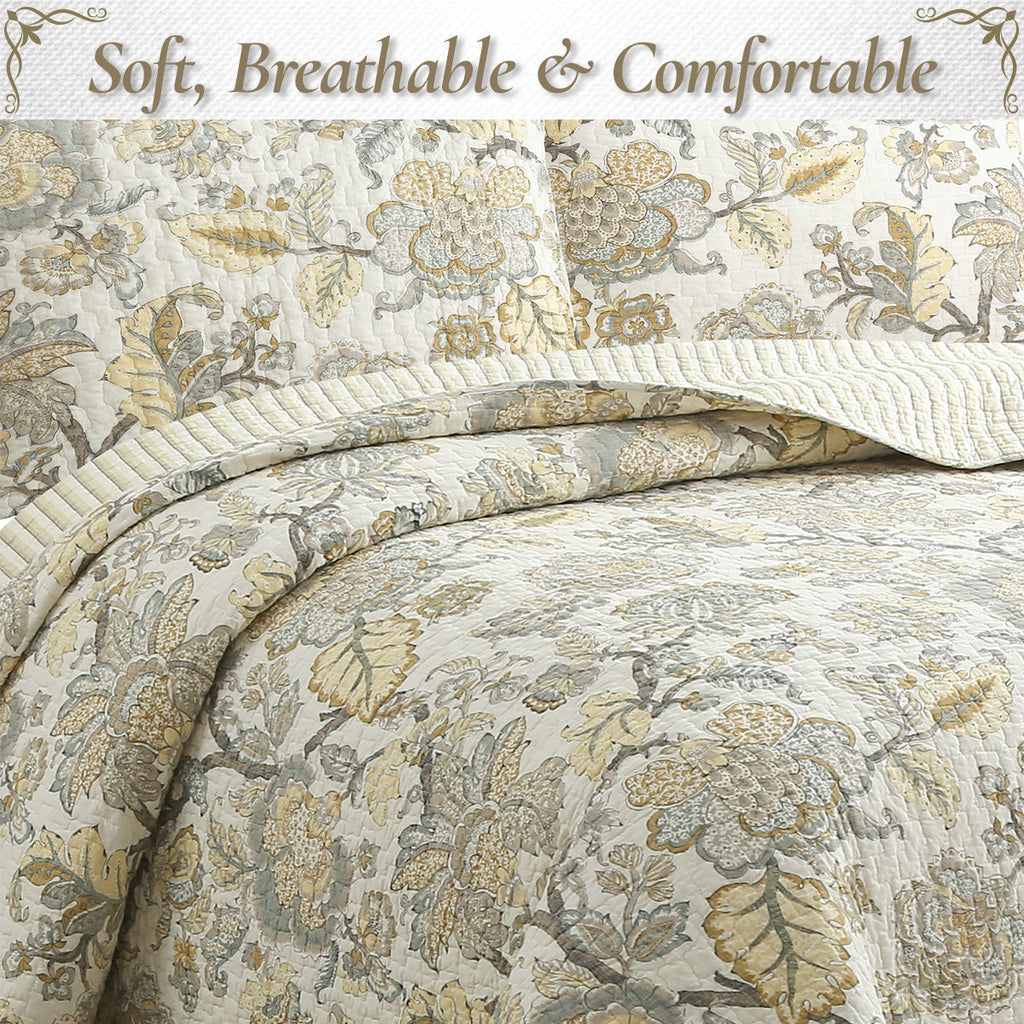 Autumn Floral Foliage Brown Beige Gold Cotton 3 Piece Quilt Bedding Set