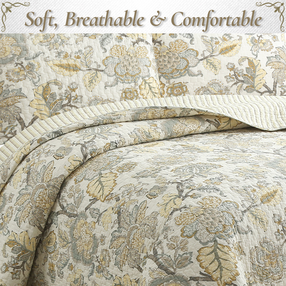 Autumn Floral Foliage Brown Beige Gold Cotton 3 Piece Quilt Bedding Set