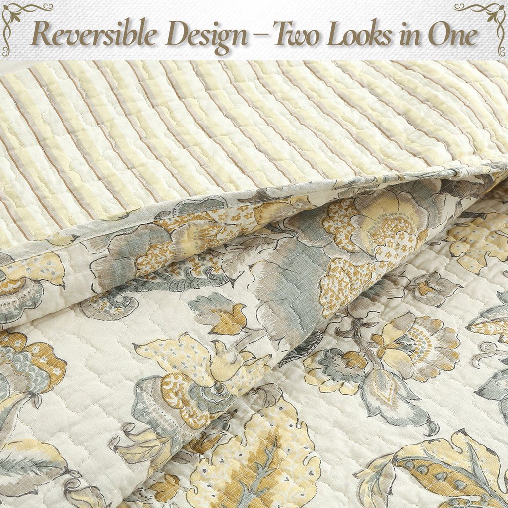 Autumn Floral Foliage Brown Beige Gold Cotton 3 Piece Quilt Bedding Set