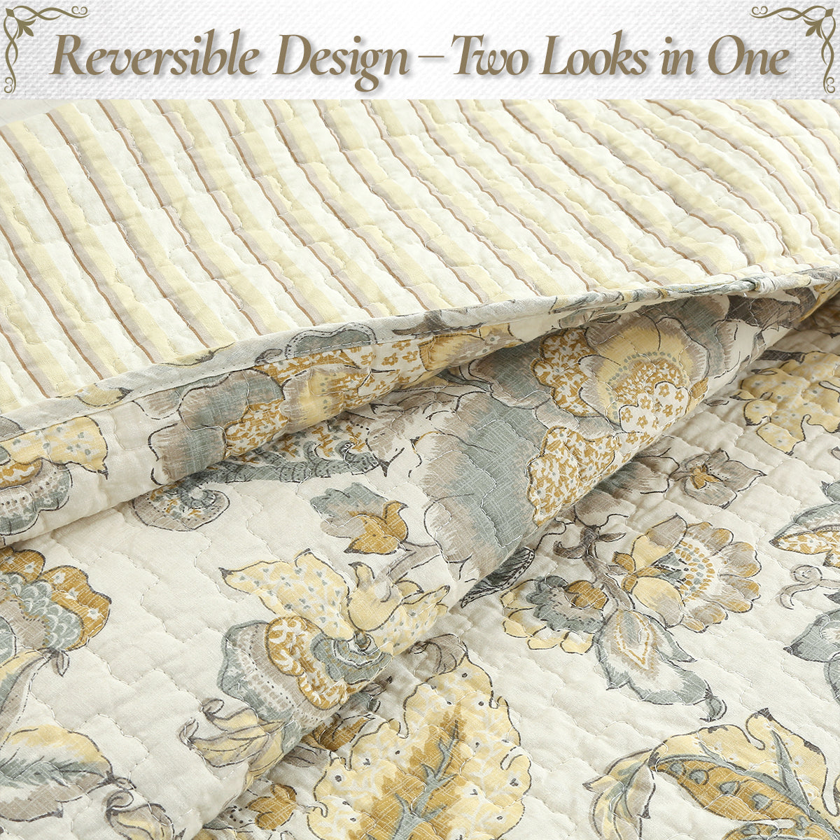 Autumn Floral Foliage Brown Beige Gold Cotton 3 Piece Quilt Bedding Set