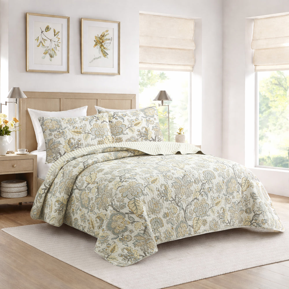 Autumn Floral Foliage Brown Beige Gold Cotton 3 Piece Quilt Bedding Set