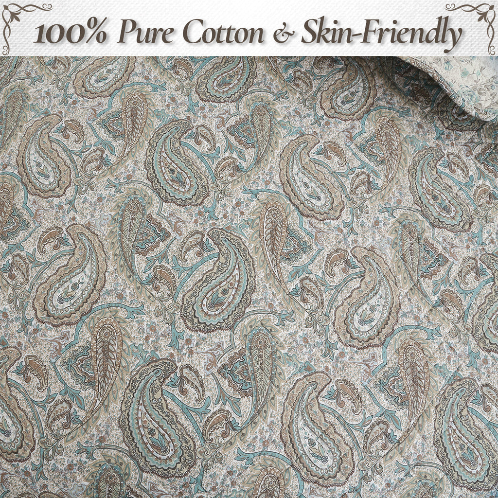 Aquamarine Turquoise Tan Brown Paisley 3 Piece Cotton Quilt Bedding Set