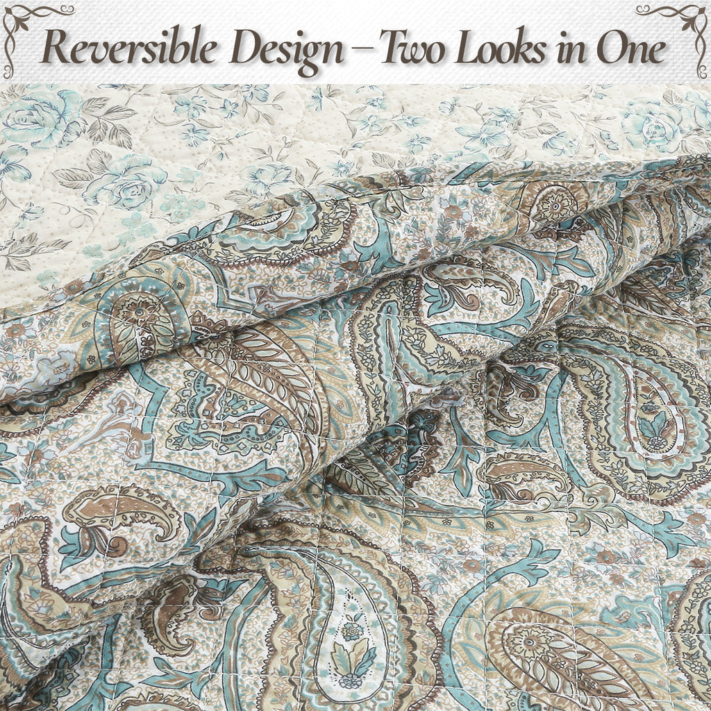 Aquamarine Turquoise Tan Brown Paisley 3 Piece Cotton Quilt Bedding Set