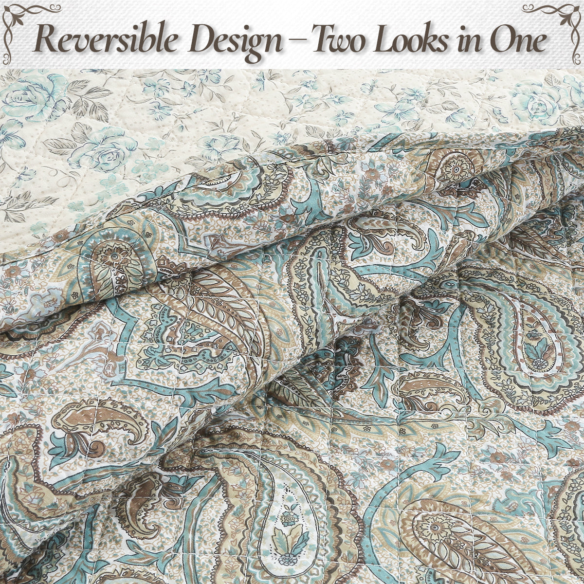 Aquamarine Turquoise Tan Brown Paisley 3 Piece Cotton Quilt Bedding Set