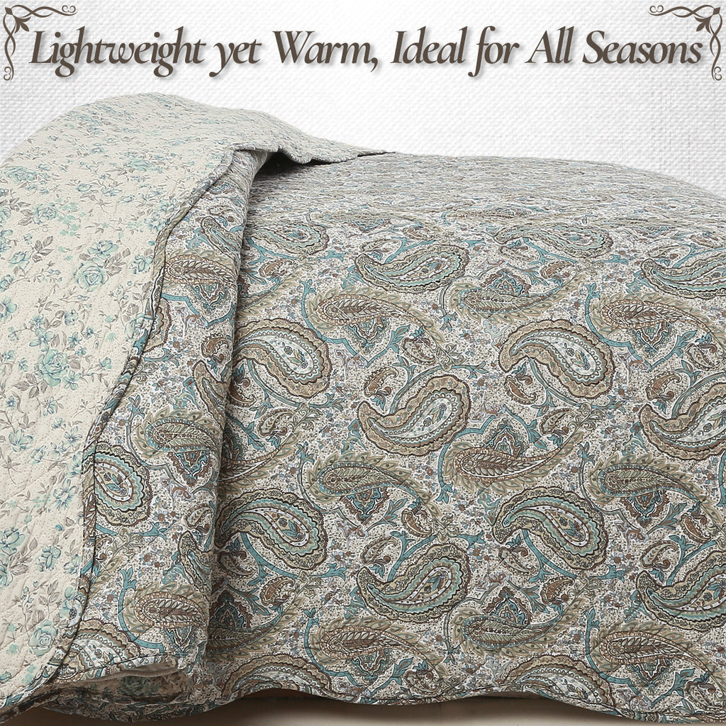 Aquamarine Turquoise Tan Brown Paisley 3 Piece Cotton Quilt Bedding Set
