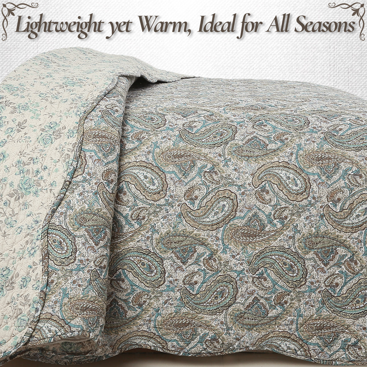 Aquamarine Turquoise Tan Brown Paisley 3 Piece Cotton Quilt Bedding Set