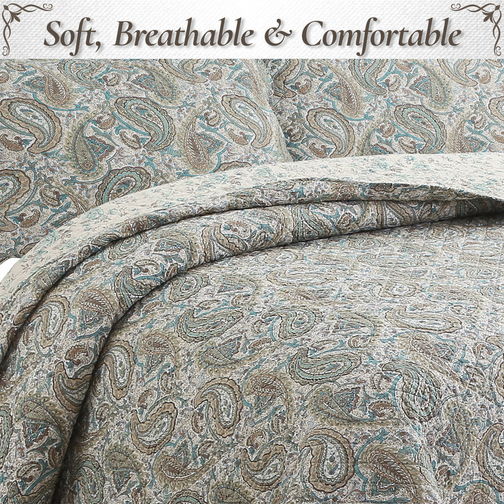 Aquamarine Turquoise Tan Brown Paisley 3 Piece Cotton Quilt Bedding Set