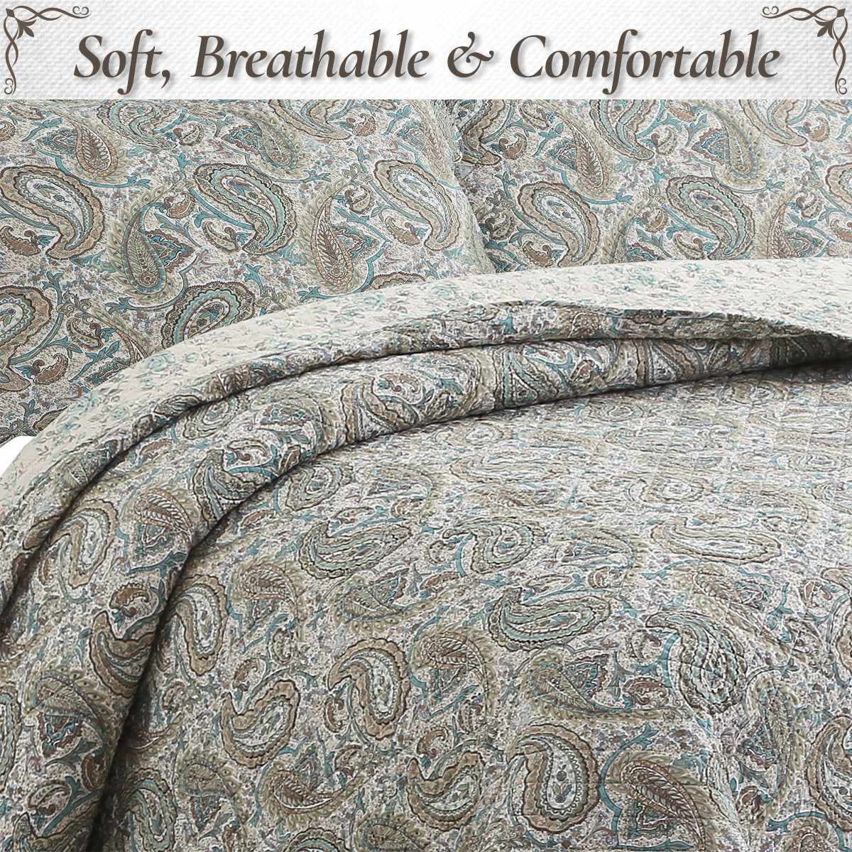 Aquamarine Turquoise Tan Brown Paisley 3 Piece Cotton Quilt Bedding Set