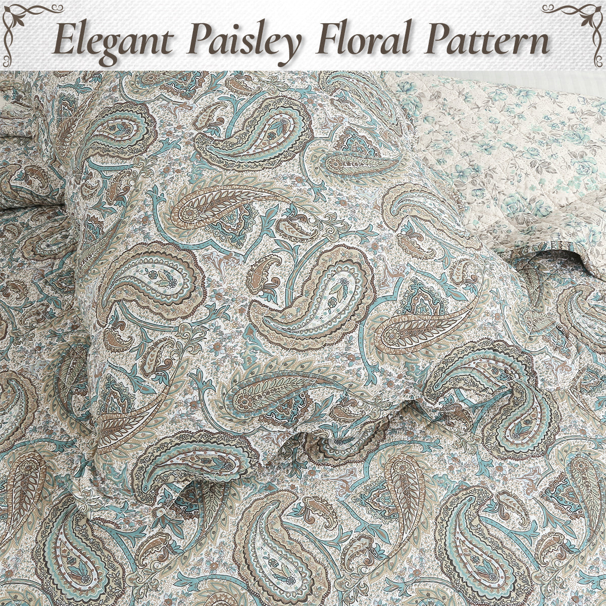 Aquamarine Turquoise Tan Brown Paisley 3 Piece Cotton Quilt Bedding Set