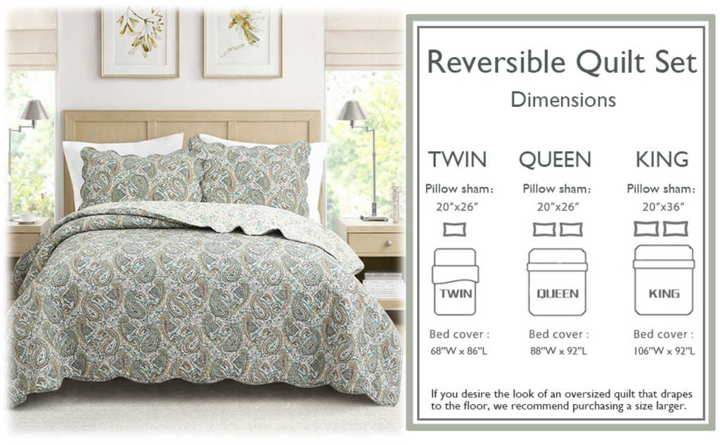 Aquamarine Turquoise Tan Brown Paisley 3 Piece Cotton Quilt Bedding Set