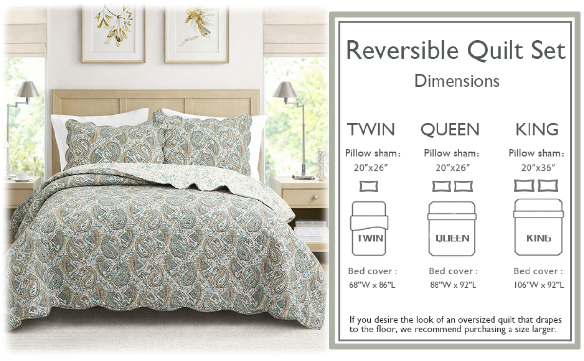 Aquamarine Turquoise Tan Brown Paisley 3 Piece Cotton Quilt Bedding Set