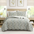 Aquamarine Turquoise Tan Brown Paisley 3 Piece Cotton Quilt Bedding Set