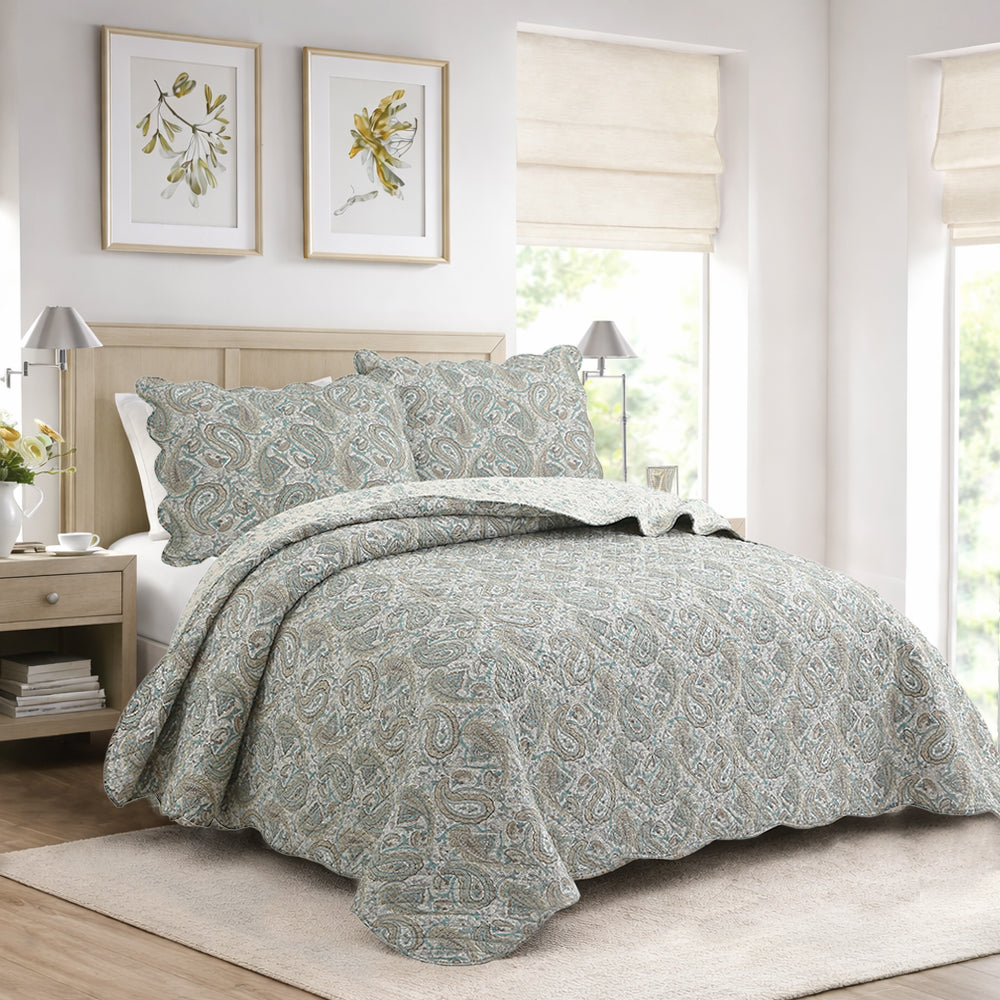 Aquamarine Turquoise Tan Brown Paisley 3 Piece Cotton Quilt Bedding Set
