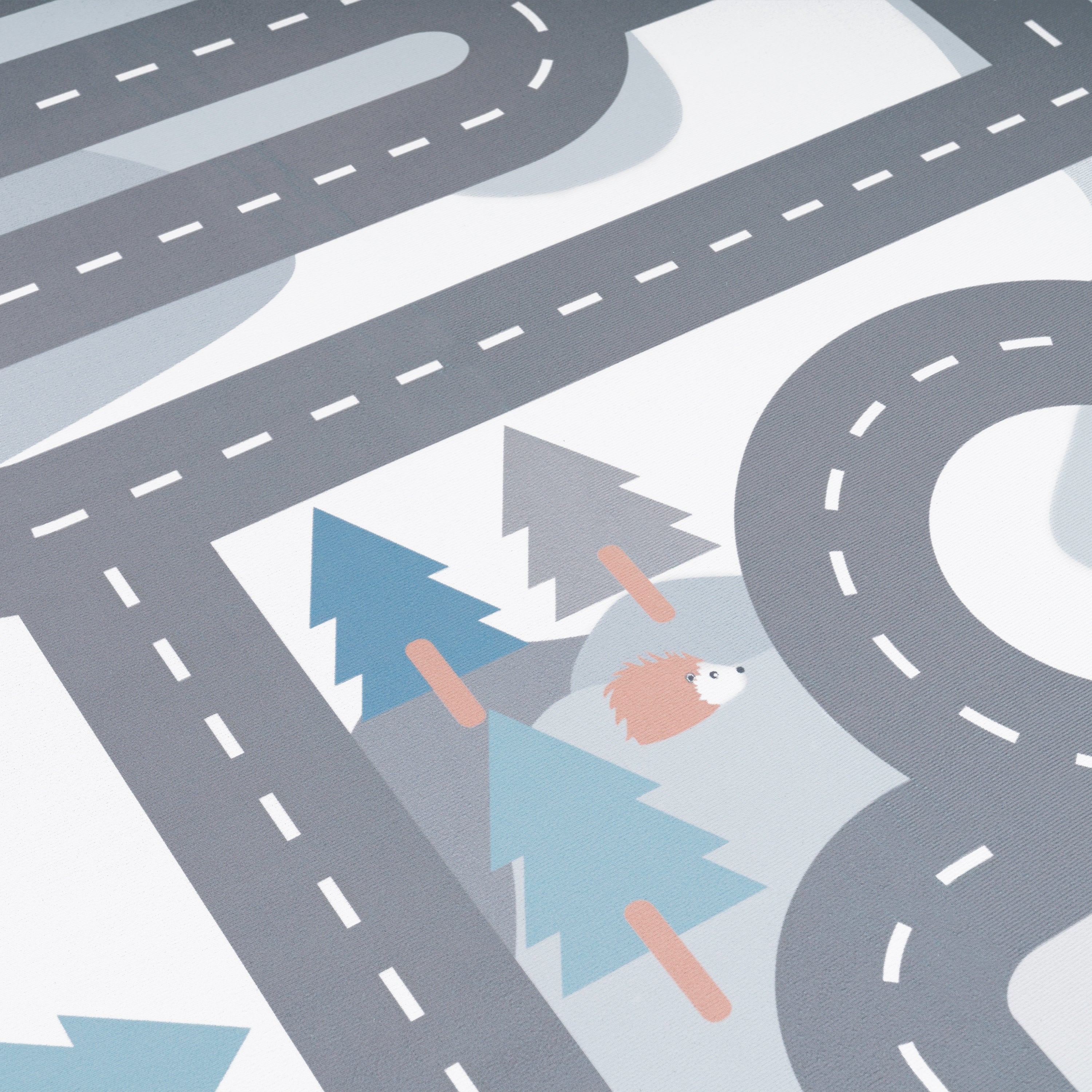 Kids Play Rug For Nursery Road With Forest Animals grey blue