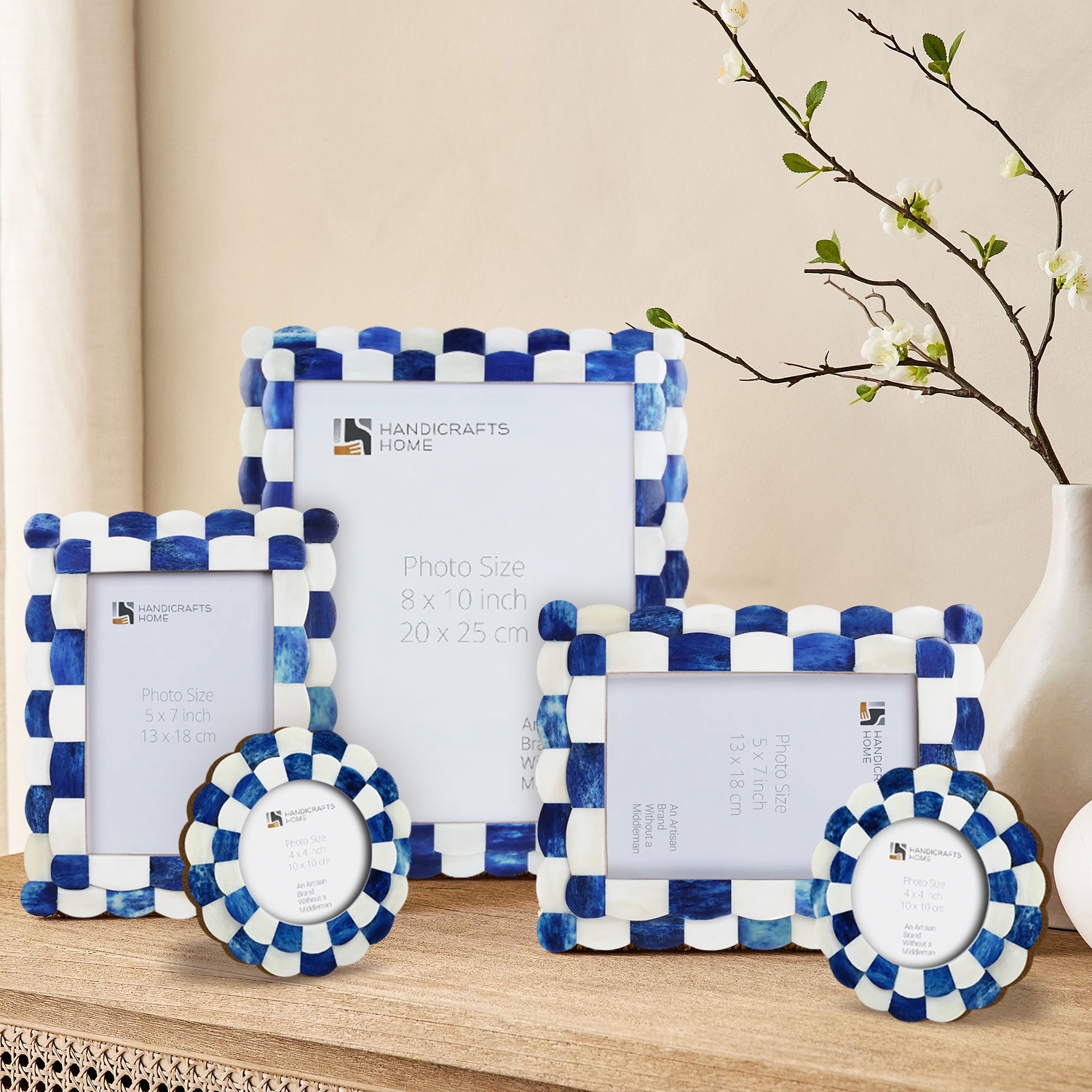 Picture Frame Set of 5 Scalloped Pattern Collection Bone Inlay – Blue & White