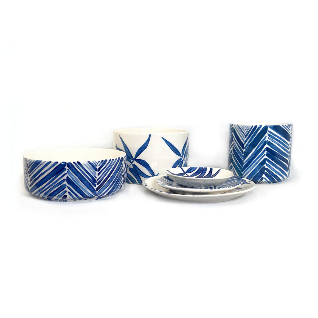Tall Serving Bowl - Blue Palm Leaves