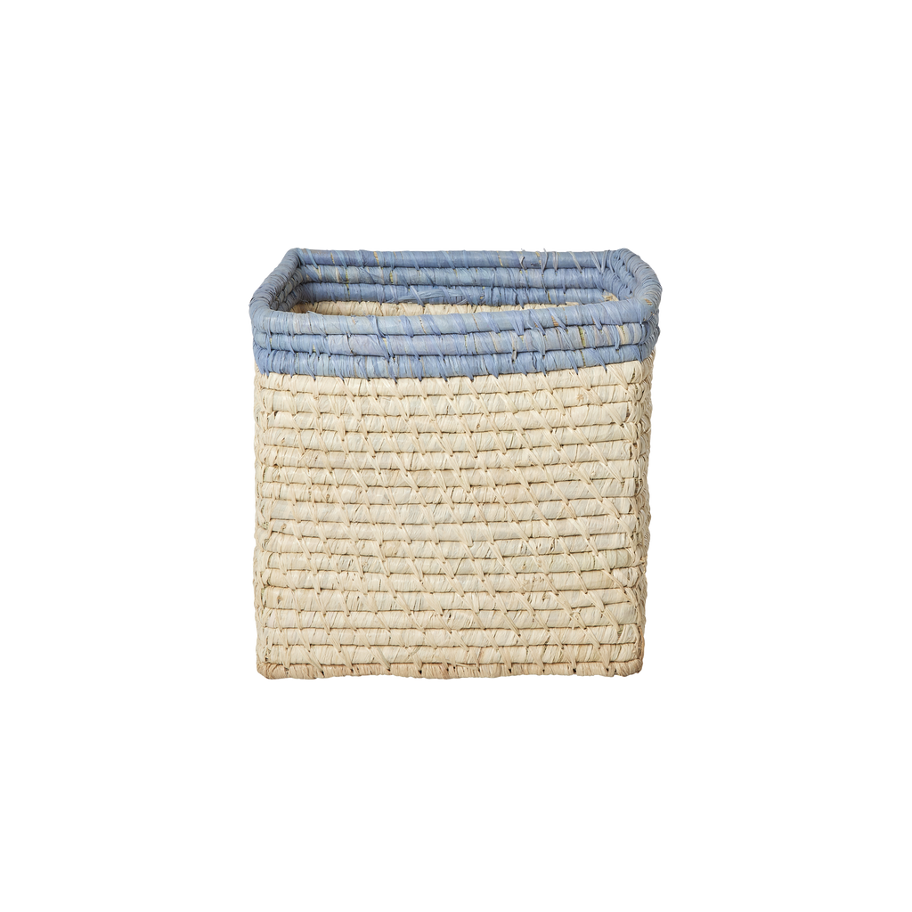 Small Square Raffia Storage Basket with a Blue Trim