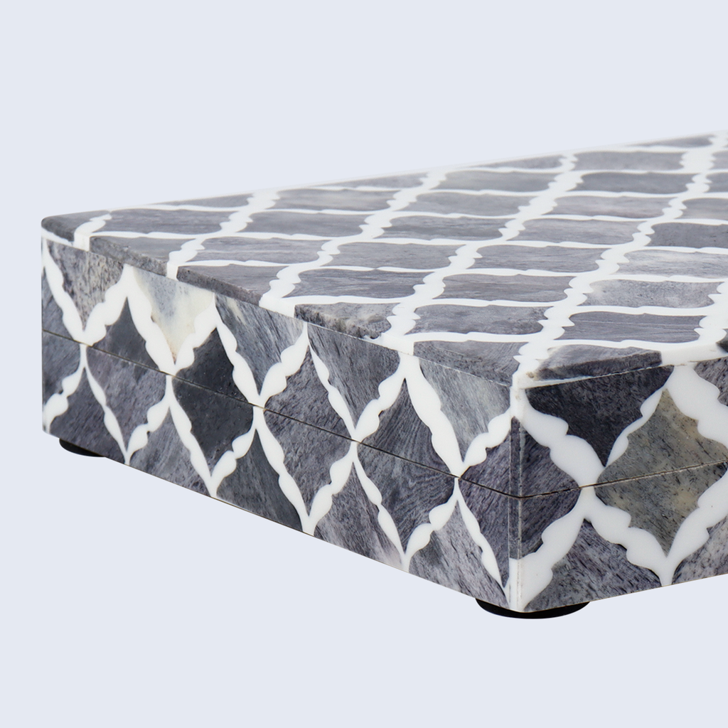 Moroccan Grey & White Resin & Bone Inlay Decorative Storage Box — (7 Sizes)