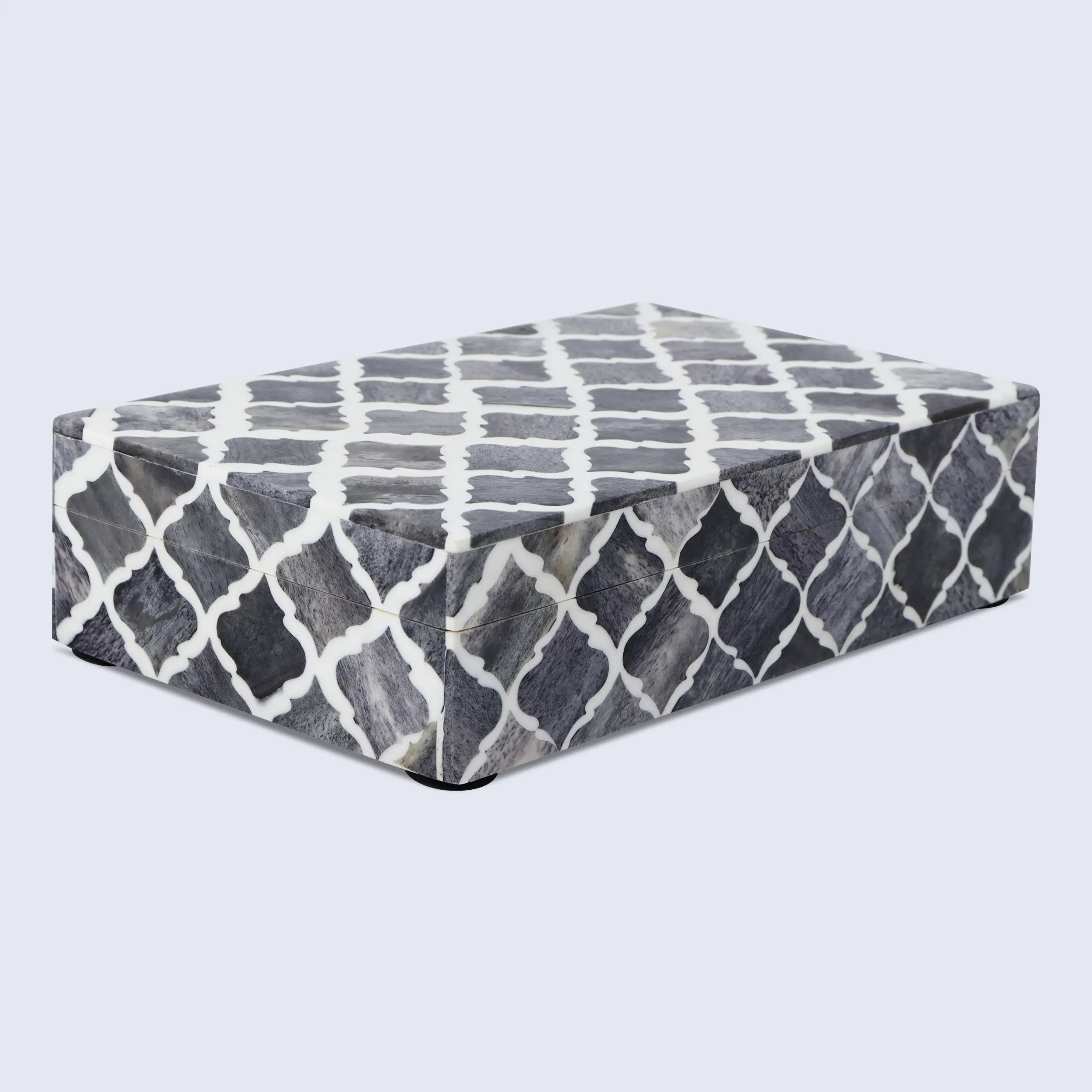 Moroccan Grey & White Resin & Bone Inlay Decorative Storage Box — (7 Sizes)