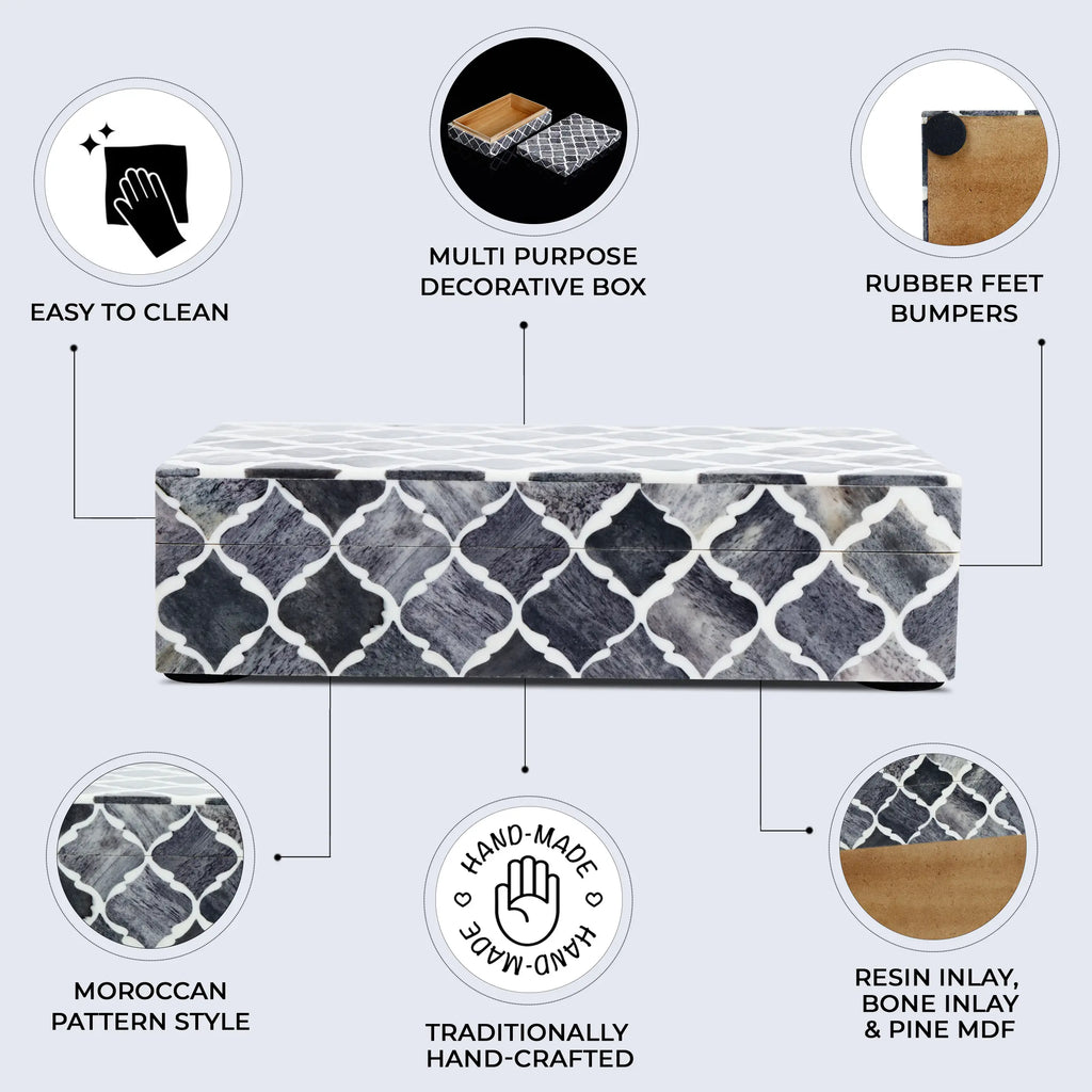 Moroccan Grey & White Resin & Bone Inlay Decorative Storage Box — (7 Sizes)