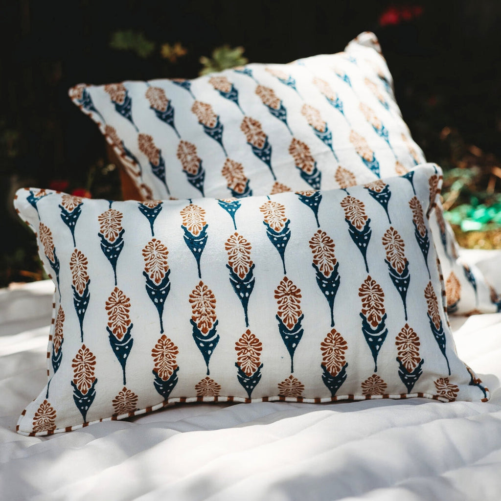Bahaar Linen Lumbar Pillow Cover — Ginger & Blue