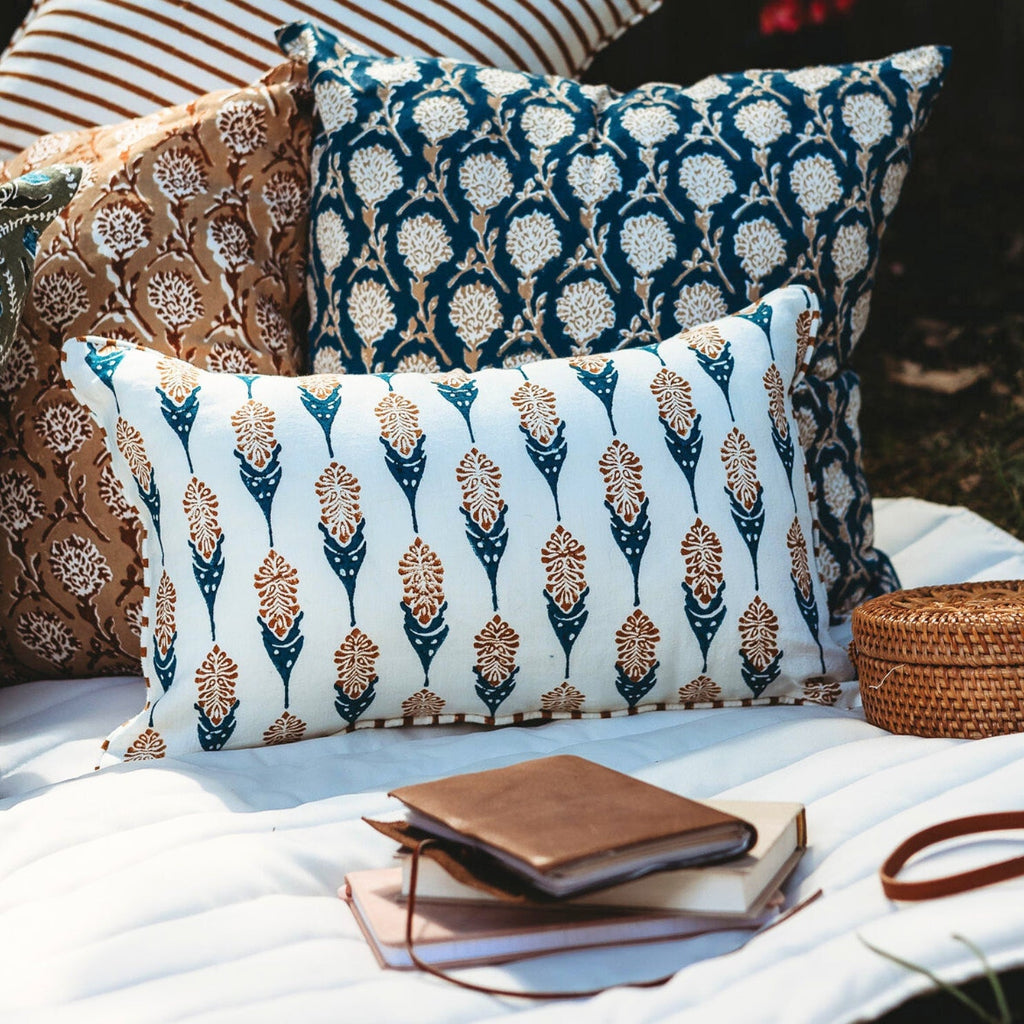 Bahaar Linen Lumbar Pillow Cover — Ginger & Blue