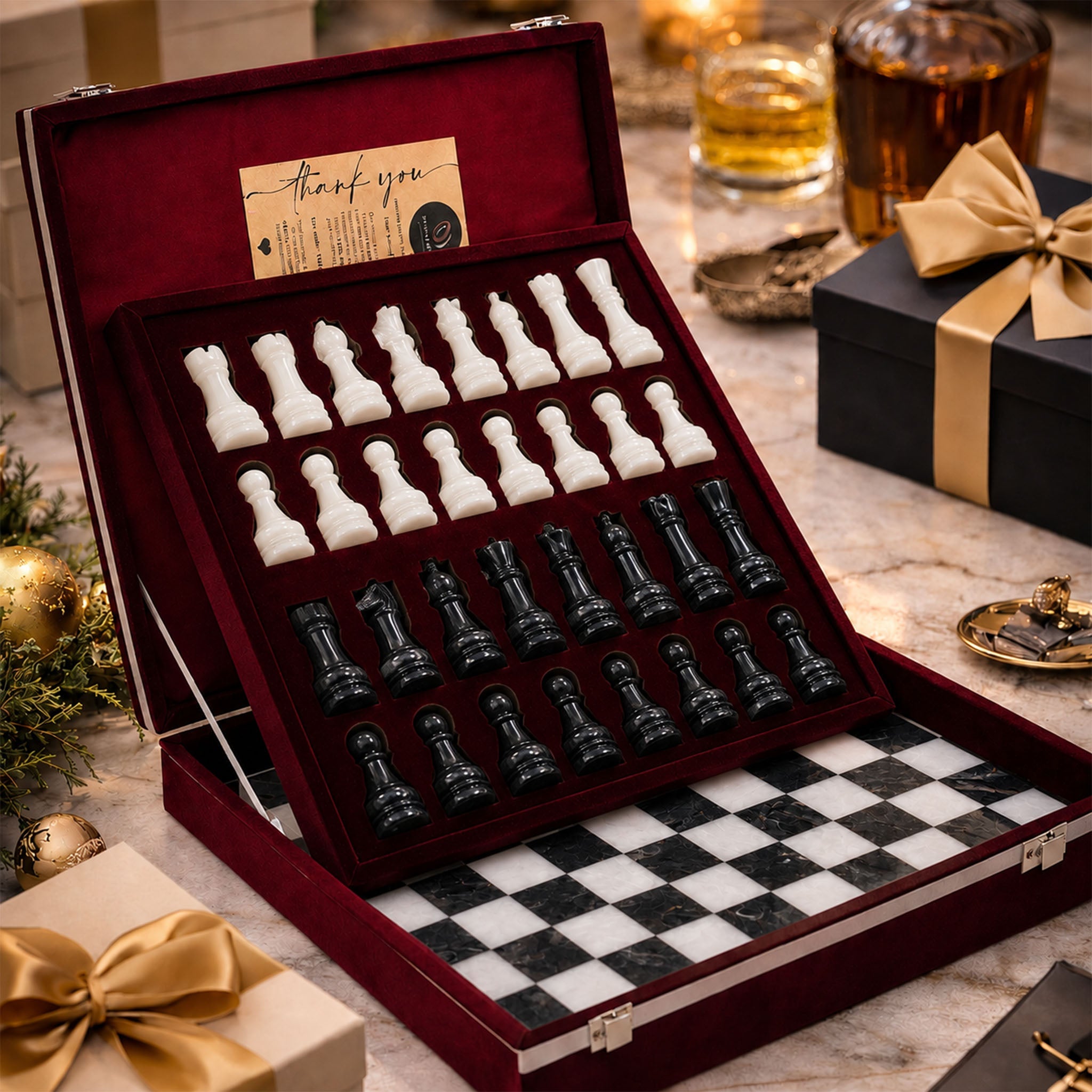 Black & White Marble Chess Set 15 Inches | Handcrafted Luxury Chess Board