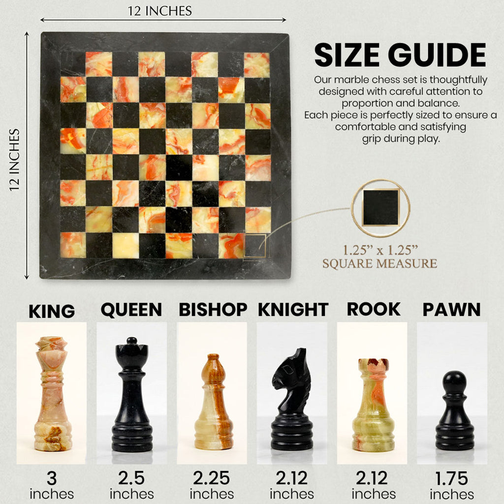 Black and Green Onyx Marble Chess Set 12 inches - Beautifully Handcrafted