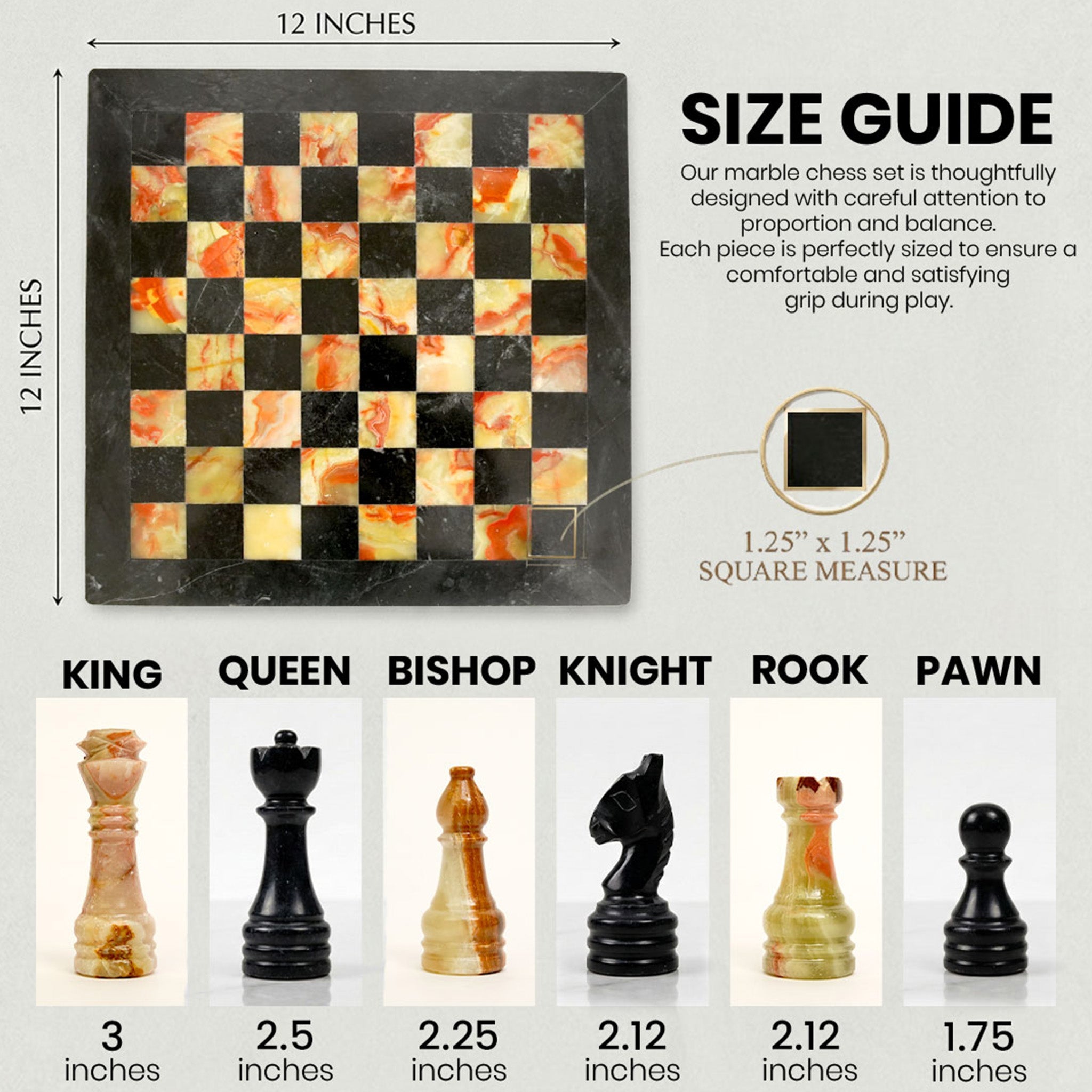 Black and Green Onyx Marble Chess Set 12 inches - Beautifully Handcrafted