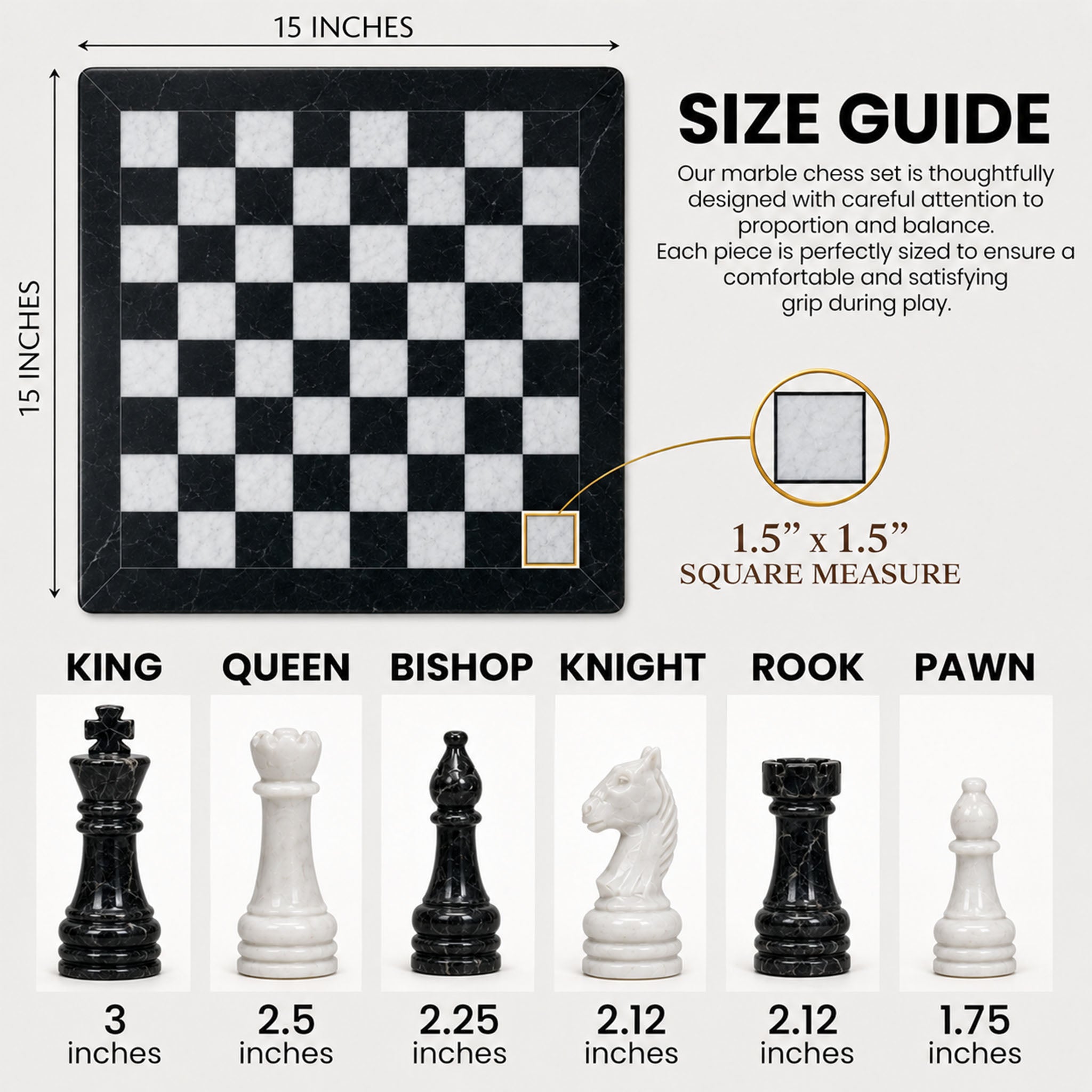 Black & White Marble Chess Set 15 Inches | Handcrafted Luxury Chess Board