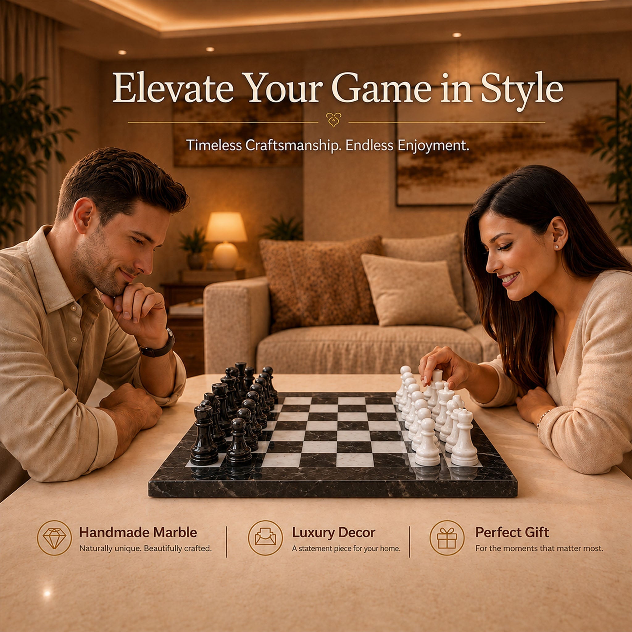 Black & White Marble Chess Set 15 Inches | Handcrafted Luxury Chess Board