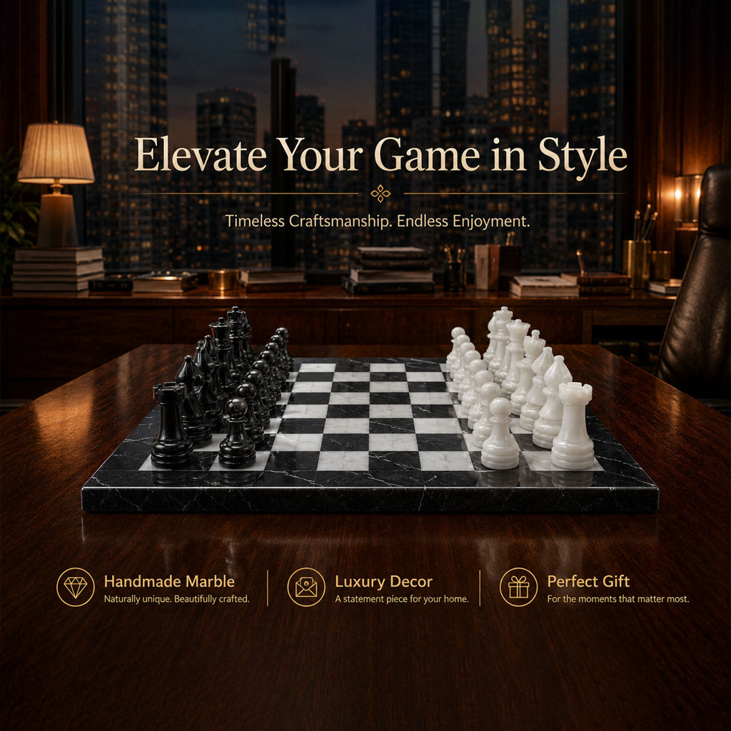 Black & White Marble Chess Set 15 Inches | Handcrafted Luxury Chess Board