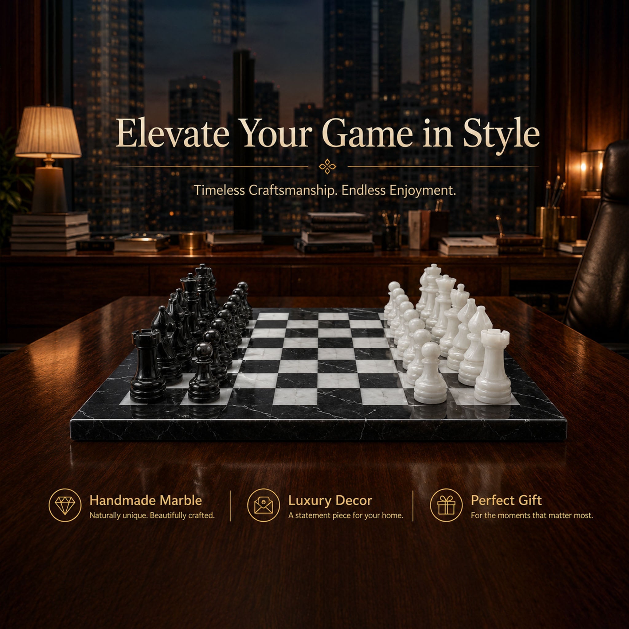 Black & White Marble Chess Set 15 Inches | Handcrafted Luxury Chess Board
