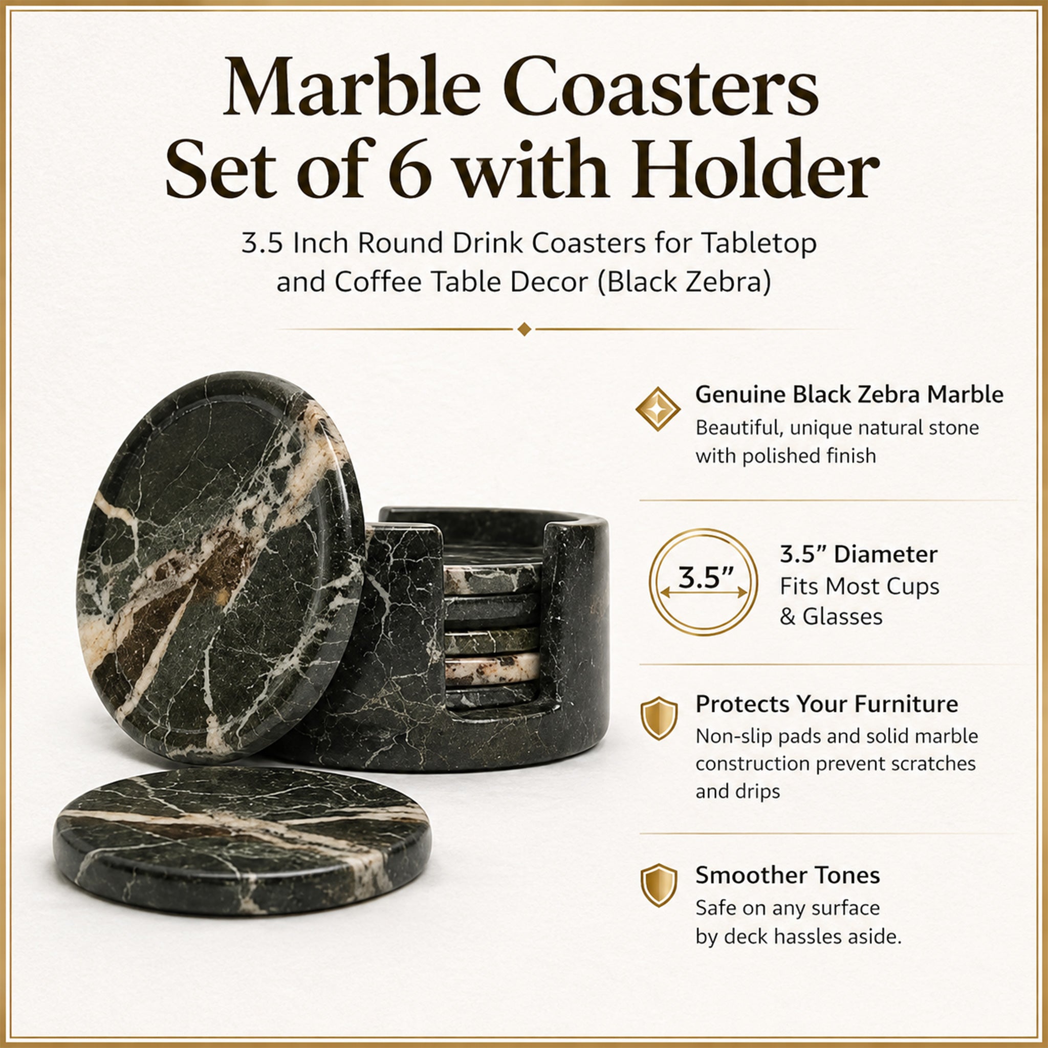 Black Zebra Round Marble Coaster (Set of 6)