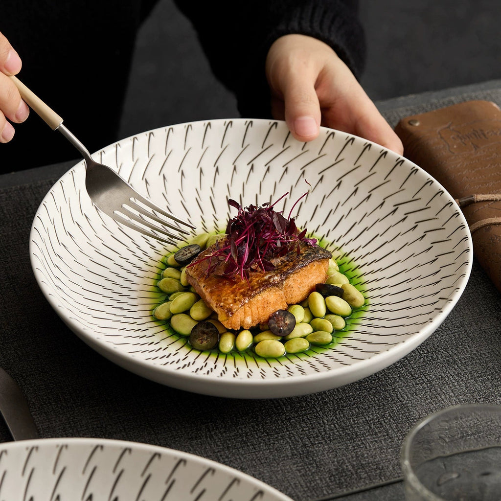 Luxury Japanese-Style Ceramic Dinner Plate – Modern Black Line Pattern