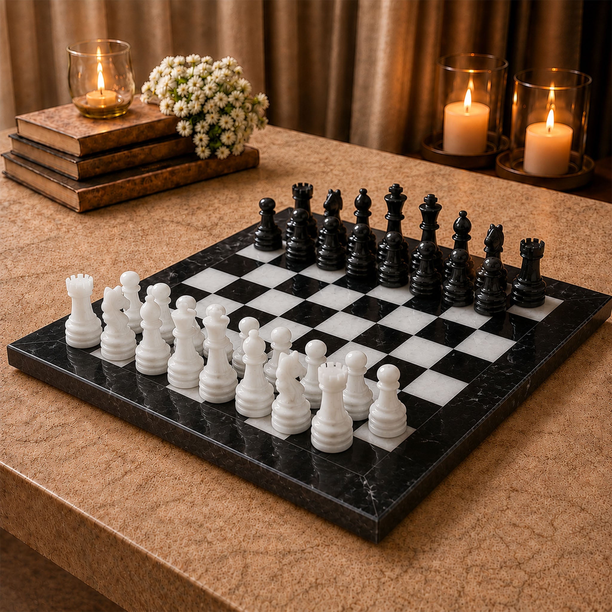 Black & White Marble Chess Set 15 Inches | Handcrafted Luxury Chess Board