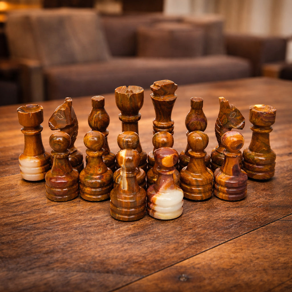 Coral and Brown Chess Pieces for 12 to 16 Inches Board - Premium marble (Pieces Only)