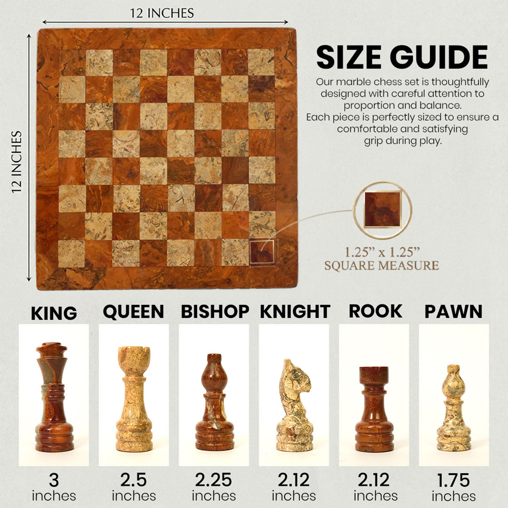 Brown and Coral Marble Chess Set - 12 Inches Premium Handmade