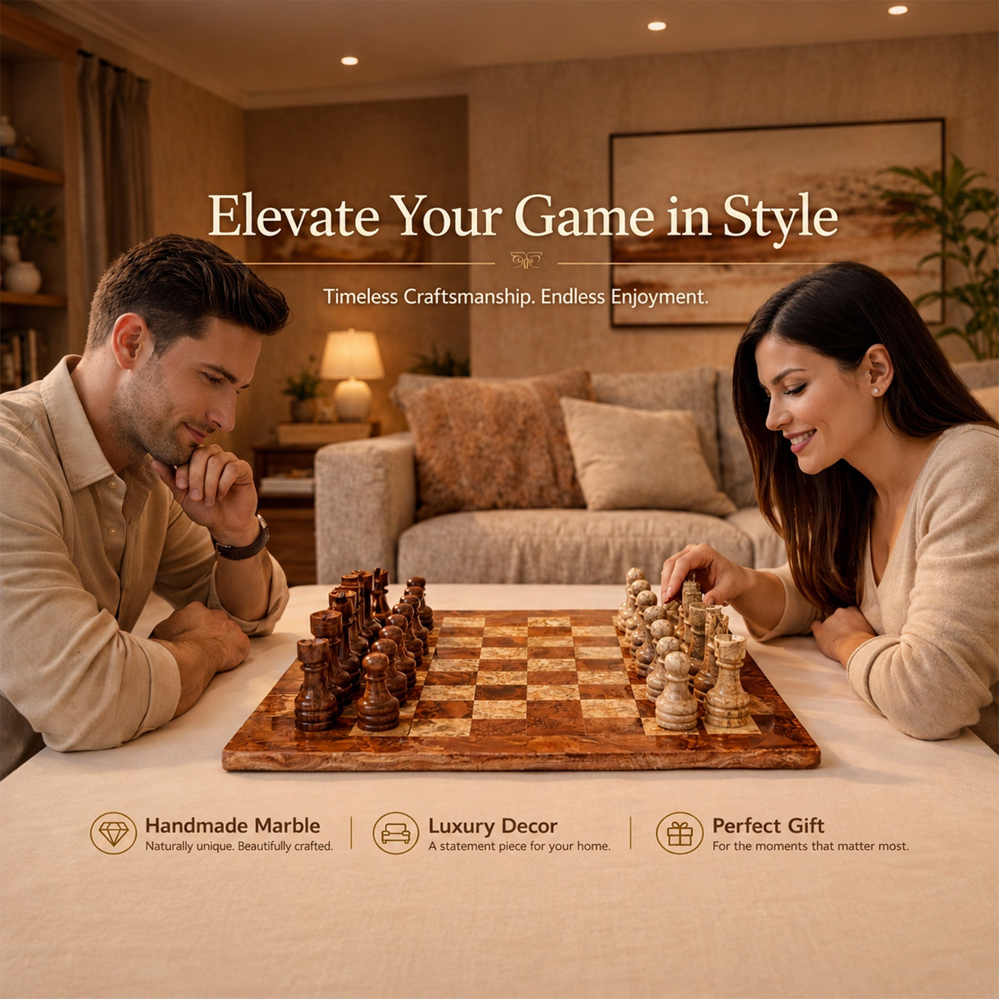 Brown and Coral Marble Chess Set 15 inches | Premium Handcrafted Natural Stone