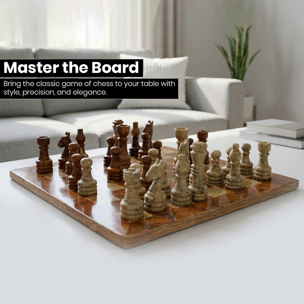 Brown and Coral Marble Chess Set - 12 Inches Premium Handmade