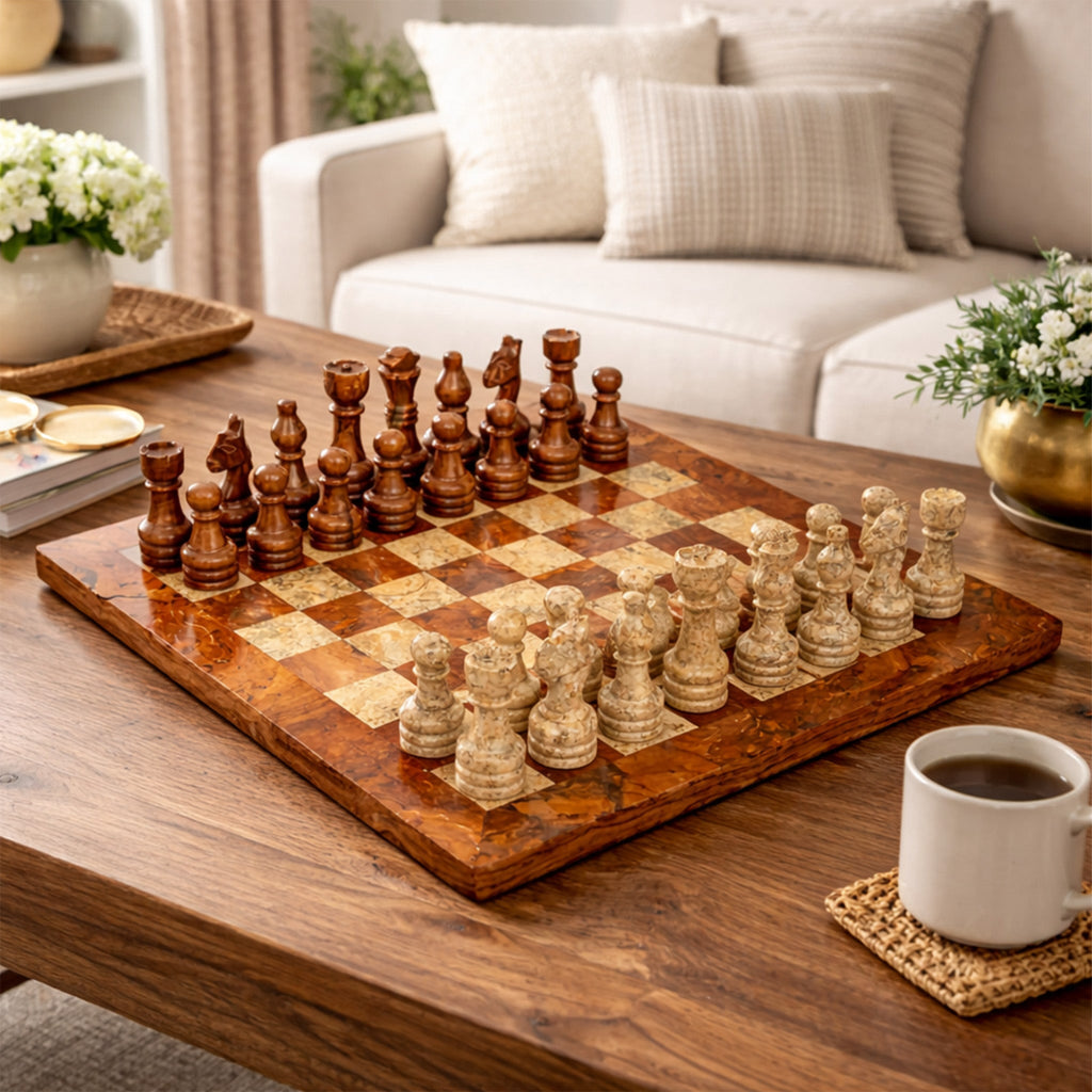Brown and Coral Marble Chess Set - 12 Inches Premium Handmade