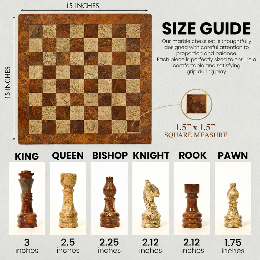 Brown and Coral Marble Chess Set 15 inches | Premium Handcrafted Natural Stone