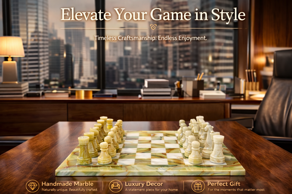 Green Onyx and White Marble Chess Set 15 Inches | Large Handcrafted Natural Stone