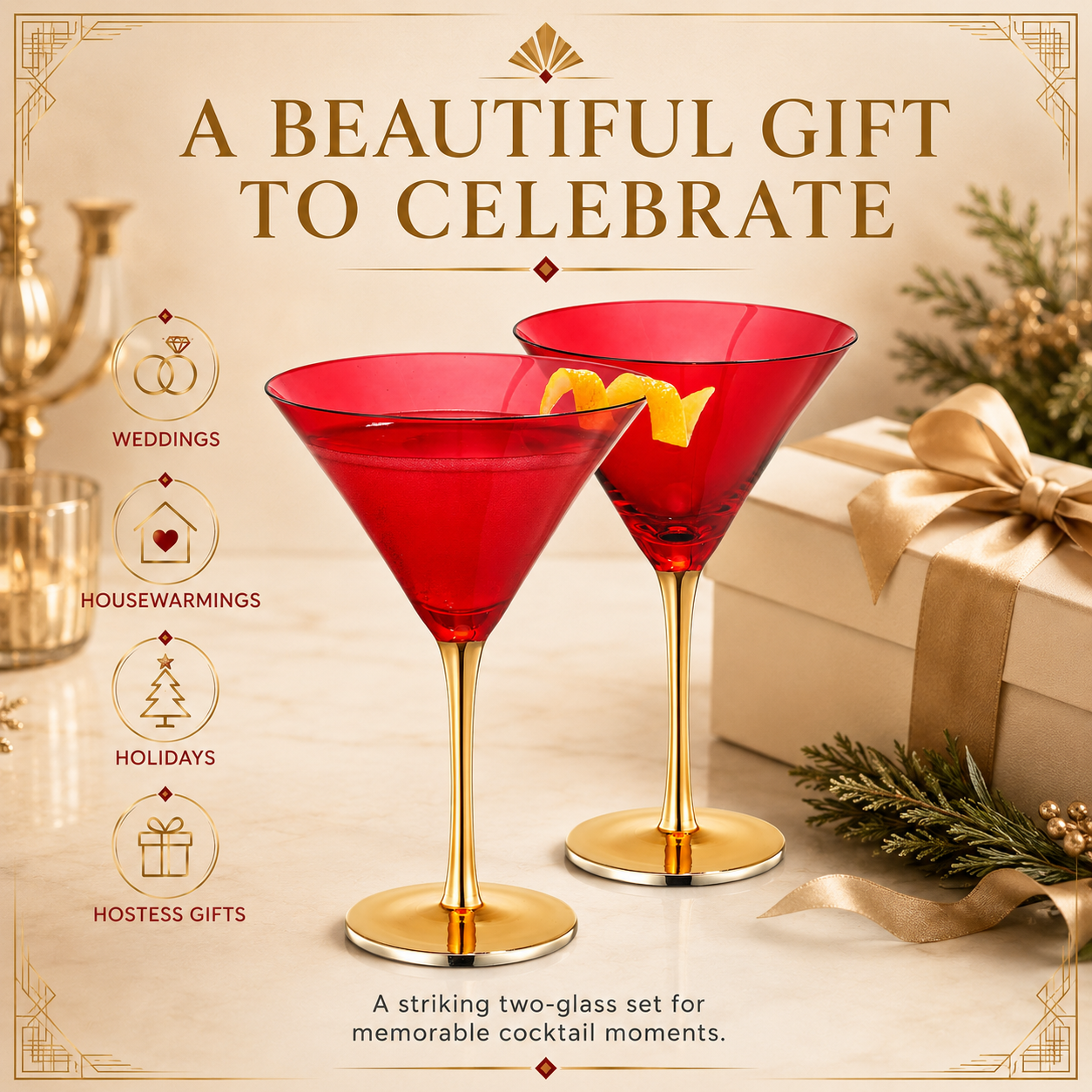 Deco Martini Cocktail Glassware, Set of 2