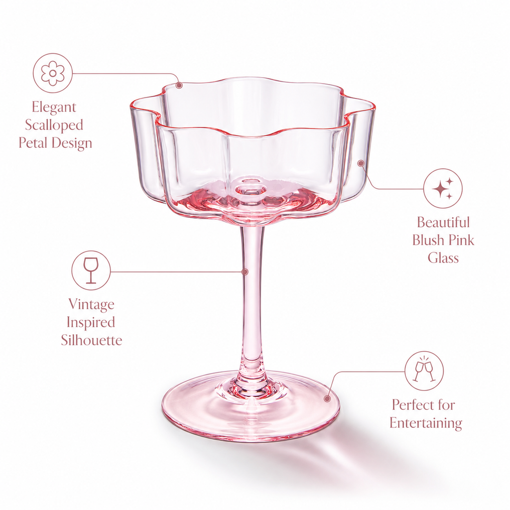 Flower Wave Coupe Cocktail Colored Glasses | Set of 4 | Blush Pink